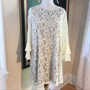 TACERA:Cream Lace/Nude Dress 3/4 Ruffle Sleeve XL